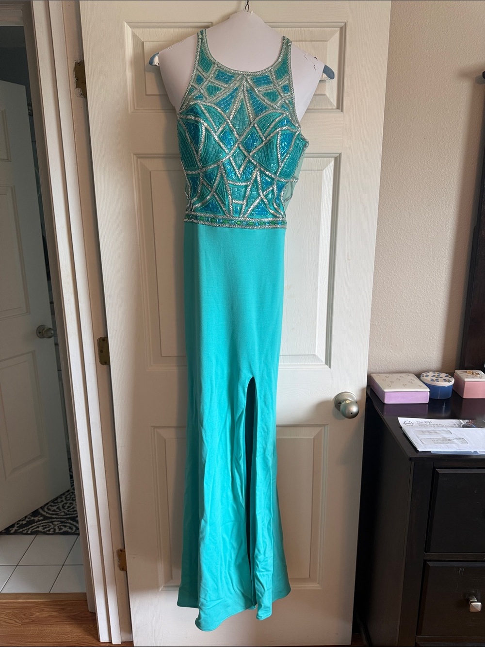 Camille La Vie Turquoise Beaded Prom Dress